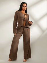 2pcs Set Brown Comfortable Casual Home Outfit, Long Sleeve Cardigan + Wide Leg Low Waist Pants, Autumn/Winter